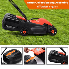 13 Inch Electric Push Lawn Corded Mower with Grass Bag-Red