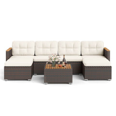 7 Pieces Wicker Conversation Set with Wood Armrests for Backyard-White