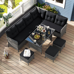 7 Pieces Patio Dining Furniture Set with Soft Cushions and Ottomans