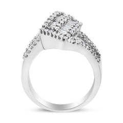 14K White Gold 1-1/2 Cttw Round and Baguette Diamond Bypass Cocktail Ring Band (H-I Color, SI1-SI2 Clarity) - Size 7