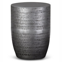 Johnsen 15 Inch Wide Tribal Pattern Metal Accent Table in Antique Silver