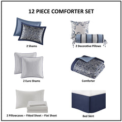 12 Piece Comforter Set with Cotton Bed Sheets Navy King