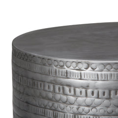 Johnsen 15 Inch Wide Tribal Pattern Metal Accent Table in Antique Silver