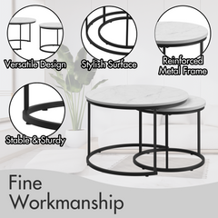 Nesting Coffee Table Set of 2, 27.6inch Round Wood Marble Pattern Top with Sturdy Metal Frame