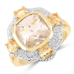 14K Yellow Gold Plated 4.07 Carat Genuine Golden Rutile and Citrine .925 Sterling Silver Ring
