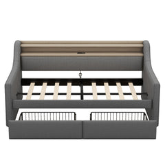 Twin Size Linen Upholstered Daybed with Storage Drawers and LED Lights