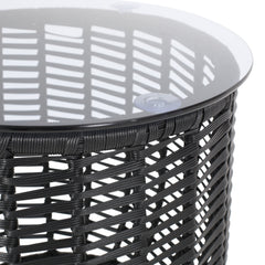 Boho ARIAS Side Table with Tempered Glass Top and Rattan Wrap, Black, 15.5 inches