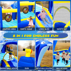 8-In-1 Inflatable Water Park Bounce House with Sprinkler, Water Gun, And Basketball Hoop (SAK38152)