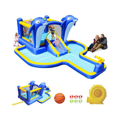 8-In-1 Inflatable Water Park Bounce House with Sprinkler, Water Gun, And Basketball Hoop (SAK38152)