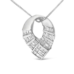 14k White Gold 1 5/8 Cttw Invisible Set Princess and Channel Set Baguette Diamond Curved Oval Shape Pendant Necklace (G-H Color, VS2-SI1 Clarity)
