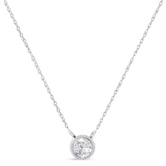 AGS Certified 10K White Gold 1/3 Cttw Bezel Set Round Diamond Solitaire 16-18" Adjustable Pendant Necklace (I-J Color, SI1-SI2 Clarity)