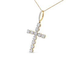 10K Yellow Gold 5/8 Cttw Miracle Set Round Diamond Circle Link Cross Men's Pendant Necklace