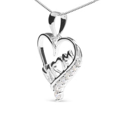 .925 Sterling Silver 1/4 Cttw Diamond "Mom" and Open Heart 18" Pendant Necklace (I-J Color, I2-I3 Clarity)