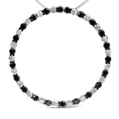 .925 Sterling Silver 3.0 Cttw Alternating Black and White Diamond Open Hoop Circle Pendant Necklace (H-I Color, I3 Clarity) - 18" Inches