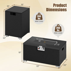 2-Piece Outdoor Rattan Fire Table Set 32 Inch Rectangle Gas Firepit with Tank Cover