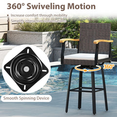 Set of 2 Outdoor 360° Swivel Bar Stool with Cushion and Acacia Wood Armrests