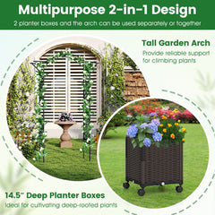 82 x 99 Inch Garden Arch Trellis with 2 Self-Watering Planter Boxes Wheels-Black