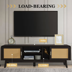 63'' Dark Rattan TV Stand with 2 Storage Cabinets and Solid Wood Legs