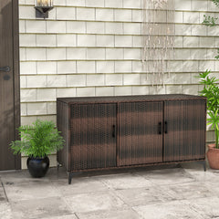 84 Gallon Patio Wicker Deck Box 3-Door PE Rattan Storage Container with Removable Shelves-Brown