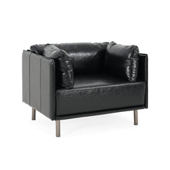 Vintage Black Faux Leather Lounge Chair with Solid Wood Frame