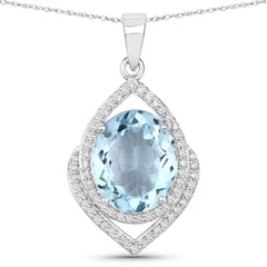3.82 Carat Genuine Aquamarine and White Diamond 14K White Gold Pendant