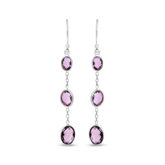 .925 Sterling Silver Checkerboard Cut Oval Purple Amethyst 2" Inch Drop and Dangle Earrings
