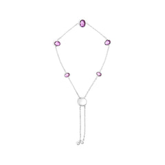 .925 Sterling Silver Bezel Set Purple Amethyst 5 Station Adjustable Bolo Bracelet