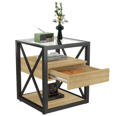 1 Piece Modern End Table with Drawer - Natural Wood & Tempered Glass