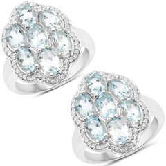 3.09 Carat Genuine Aquamarine and White Zircon .925 Sterling Silver Ring