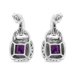.925 Sterling Silver 8MM Natural Cushion Shaped Amethyst and Diamond Accent Halo with Push Back Dangle Earrings (I-J Color, I2-I3 Clarity)