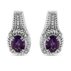 .925 Sterling Silver 8x6 MM Natural Oval Purple Amethyst Gemstone and Diamond Accent Art Deco Style Drop and Dangle Earrings (I-J Color, I1-I2 Clarity)