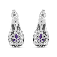 .925 Sterling Silver 8x6 MM Natural Oval Purple Amethyst Gemstone and Diamond Accent Art Deco Style Drop and Dangle Earrings (I-J Color, I1-I2 Clarity)