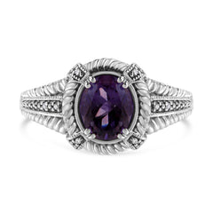 .925 Sterling Silver Prong Set Natural Oval Shape 9X7 MM Purple Amethyst Solitaire and Diamond Accent Ring (I-J Color, I1-I2 Clarity) - Ring Size 7