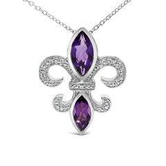 .925 Sterling Silver Purple Amethyst Marquise and Diamond Accent Fleur De Lis Pendant Necklace (H-I Color, SI1-SI2 Clarity) - Size 18"