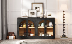 4-Door Large Storage Sideboard Buffet Cabinet with Glass Doors Arched Cabinet (Black)