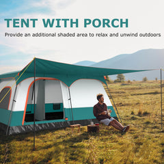 8-10 Person Camping Tent with Double Rooms and 2 Doors-Green