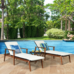 3 Pieces Portable Patio Cushioned Rattan Lounge Chair Set with Folding Table-White