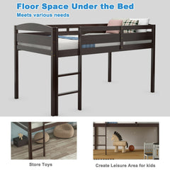 Wooden Twin Low Loft Bunk Bed with Guard Rail and Ladder-Dark Brown