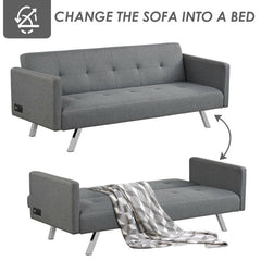 3 Seat Convertible Linen Fabric Futon Sofa with USB and Power Strip