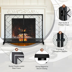 2-Panel Fireplace Screen Folding Metal Fire Place Safety Fence with Magnetic Doors