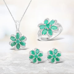 7.84 Carat Genuine Emerald and White Topaz .925 Sterling Silver 3 Piece Jewelry Set (Ring, Earrings, and Pendant w/ Chain)