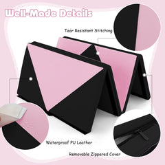 8 Feet PU Leather Folding Gymnastics Mat with Hook and Loop Fasteners-Black & Pink