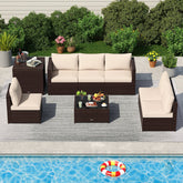 8 Piece Patio Furniture Set with Storage Box and Tempered Glass Coffee Table-Beige