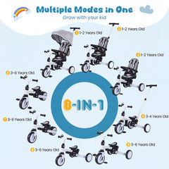 8-in-1 Folding Kids Tricycle with Removable Canopy and Push Handle