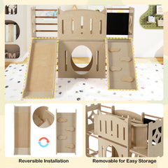 8-in-1 Toddler Slide Wooden Indoor Playground with Climber and Chalkboard-Natural
