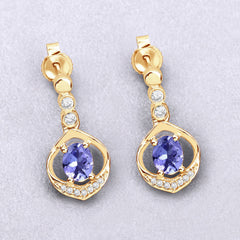 0.76 Carat Genuine Tanzanite and White Diamond 14K Yellow Gold Earrings