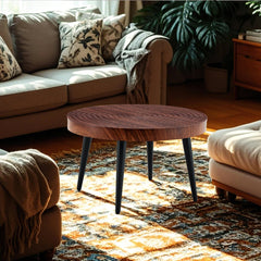 Modern Round Coffee Table - Walnut Pattern MDF And Black Metal Legs