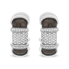 18K White Gold Flash Plated .925 Sterling Silver Clear Graphite Grey Enamel 5/8 Cttw Round Diamonds Huggie Hoop Earrings (F-G Color, VS1-VS2 Clarity)