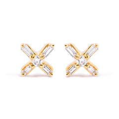 10K Yellow Gold 1/10 Cttw Round and Baguette Diamond Criss Cross X Stud Earring (H-I Color, I1-I2 Clarity)