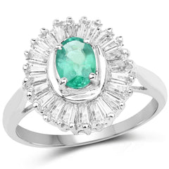 2.16 Carat Genuine Zambian Emerald and White Topaz .925 Sterling Silver Ring